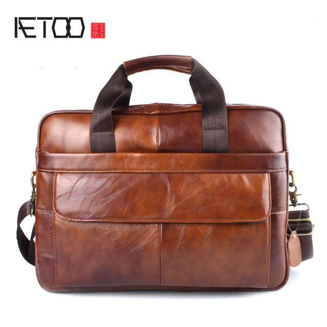 AETOO Genuine Leather real leather laptop bag business Handbags Cowhide Men Crossbody Bag Men's Travel brown leather briefcase