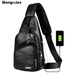 USB Charging Crossbody Bags Men Leather Chest Bag School Summer Short Trip Messengers Bag