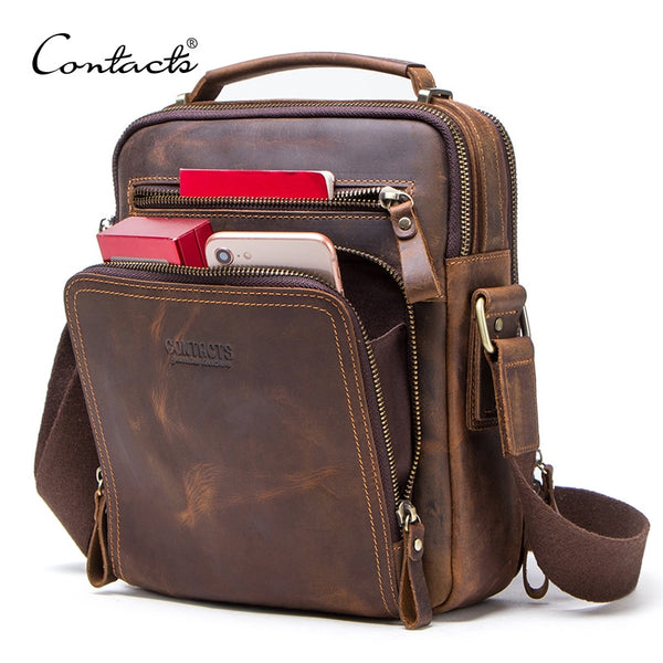 CONTACT'S crazy horse leather men's shoulder bag vintage messenger bags men bolsos male crossbody bags man's handbag sling bag