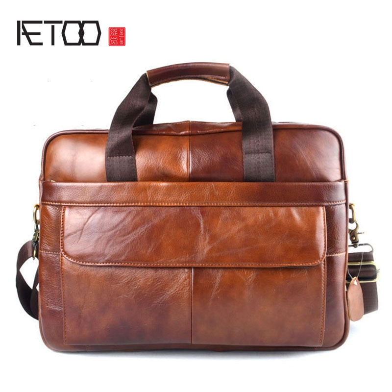 AETOO Genuine Leather real leather laptop bag business Handbags Cowhide Men Crossbody Bag Men's Travel brown leather briefcase