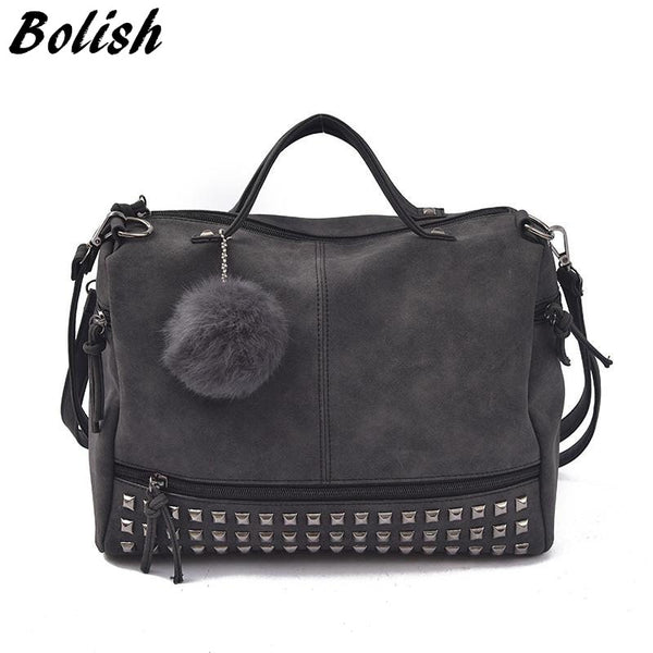 Bolish Vintage Nubuck Leather Female Top-handle Bags Rivet Larger Women Bags Hair Ball Shoulder Bag Motorcycle Messenger Bag