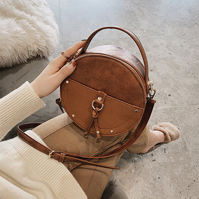 Vintage Scrub Leather Round Designer Crossbody Bag For Women 2019 PU Leather Shoulder Bags Ladies Small Handbags Mini Tote Bag