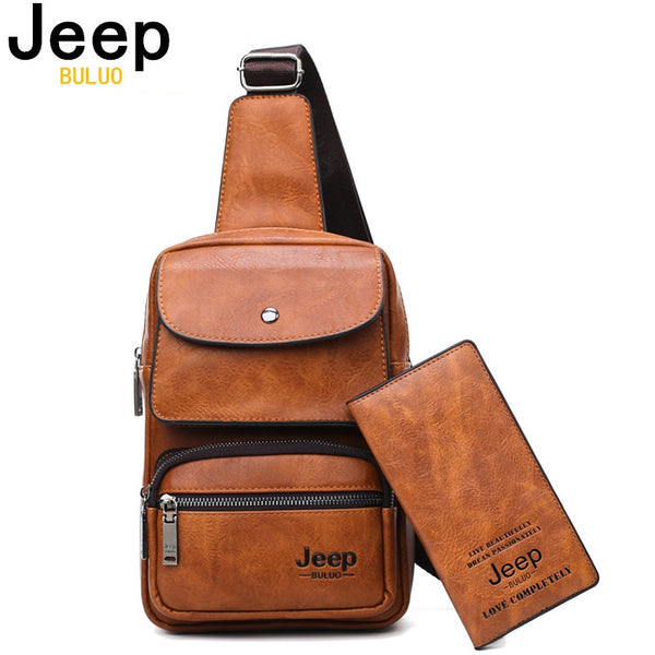 JEEP BULUO Men Chest Bag 2pcs Set High Quality Split Leather Unisex Crossbody Sling Bag For iPad Big Size Man's Travel Bag Brand