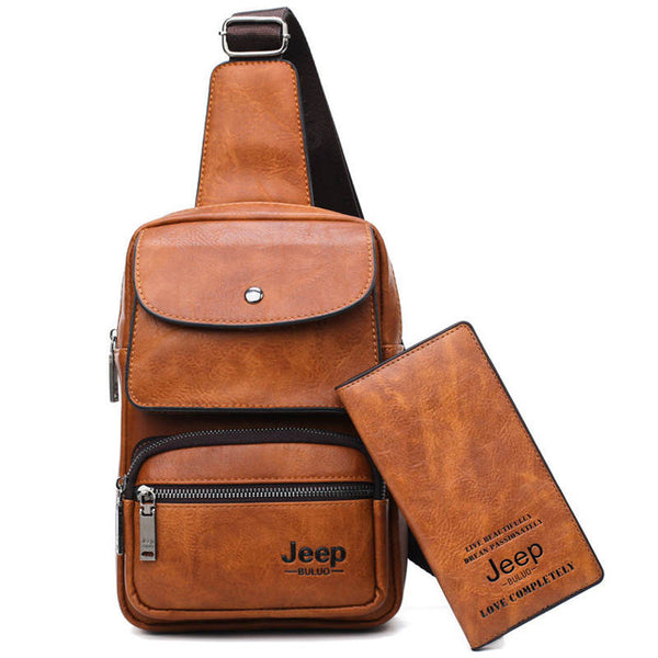 JEEP BULUO Men Chest Bag 2pcs Set High Quality Split Leather Unisex Crossbody Sling Bag For iPad Big Size Man's Travel Bag Brand