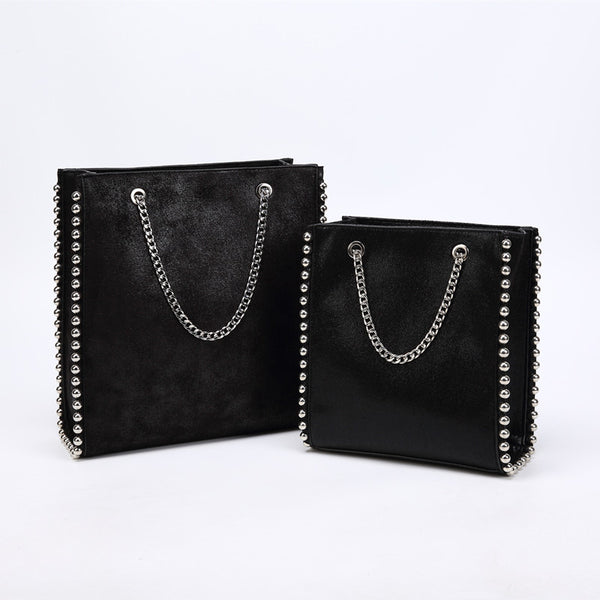 Retro Large Capacity Tote Bag Women Fashion Chain Rivet Shoulder Bags Lady Commuting Pu Leather Purses Bags Solid Color Bag Bead