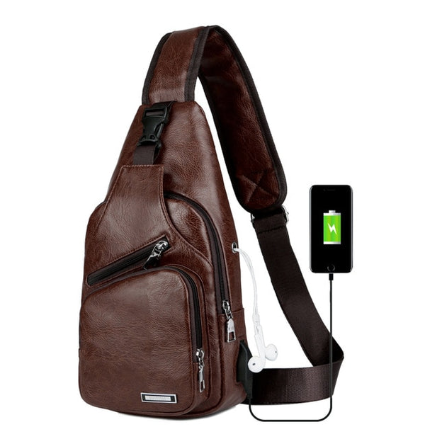USB Charging Crossbody Bags Men Leather Chest Bag School Summer Short Trip Messengers Bag
