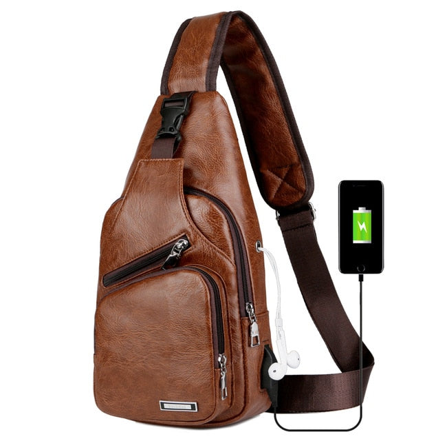 USB Charging Crossbody Bags Men Leather Chest Bag School Summer Short Trip Messengers Bag